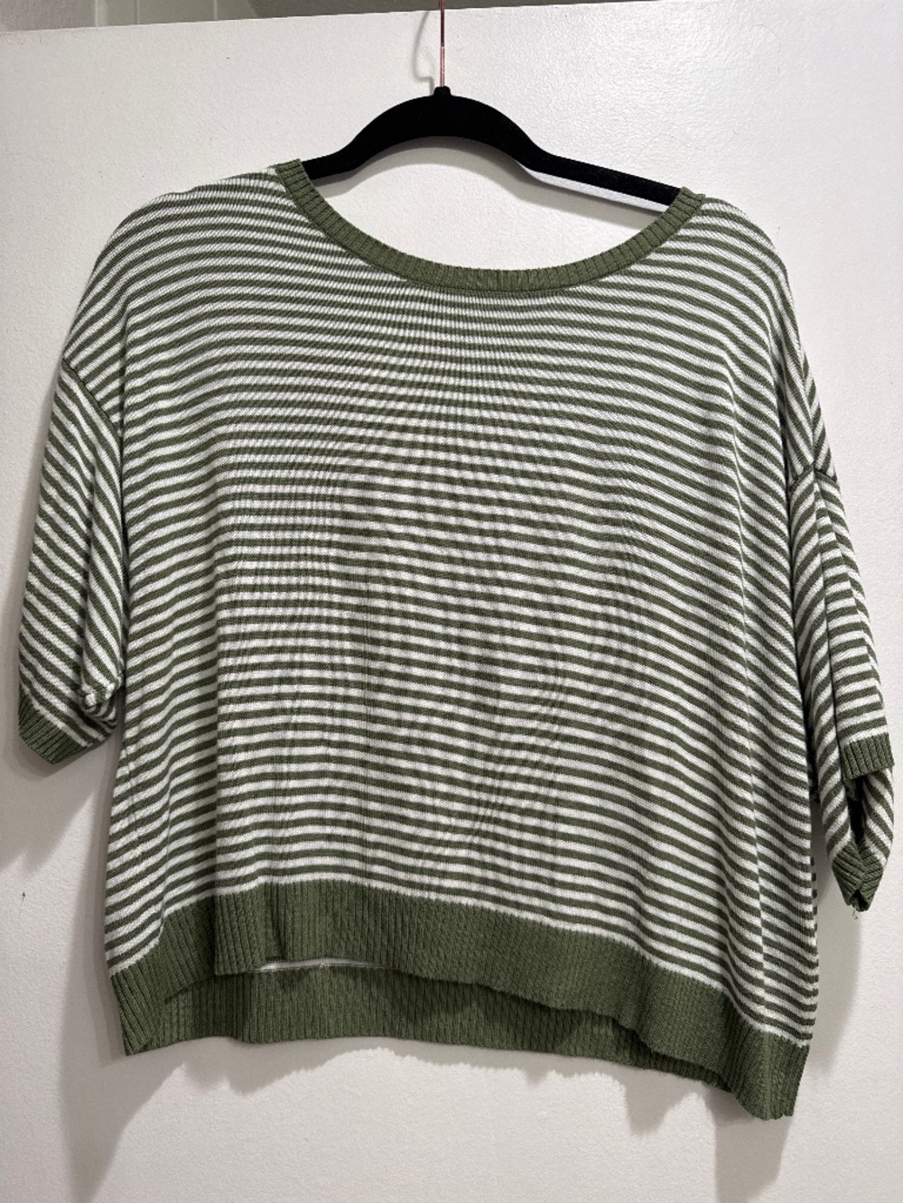 Vince Camuto sage green & white striped crew neck short-sleeve knit top